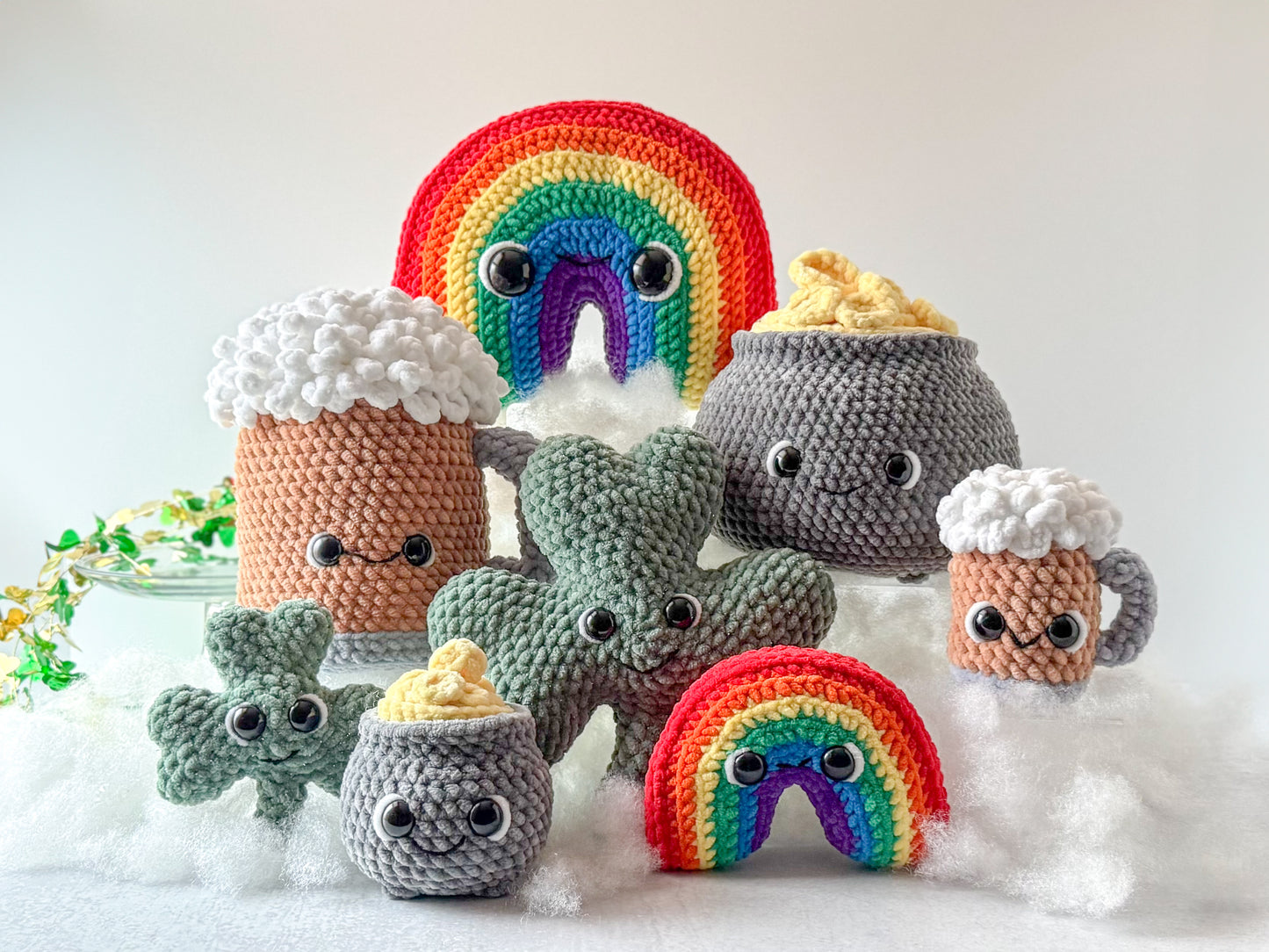 St. Patrick’s Day Crochet Pattern Bundle: Big and Mini Shamrock, Pot of Gold, Rainbow, Beer Mug