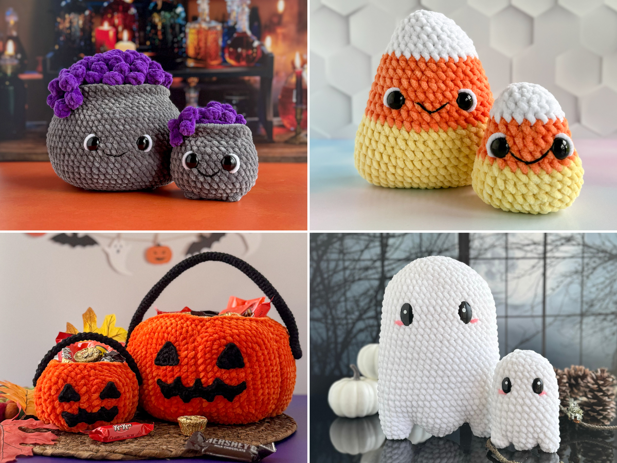 Halloween Crochet Pattern Bundle: Big and Mini Pumpkin Bucket, Ghost, Cauldron, and Candy Corn