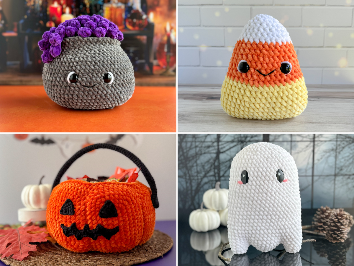 Halloween Big Crochet Pattern Bundle: Pumpkin Bucket, Ghost, Cauldron, Candy Corn