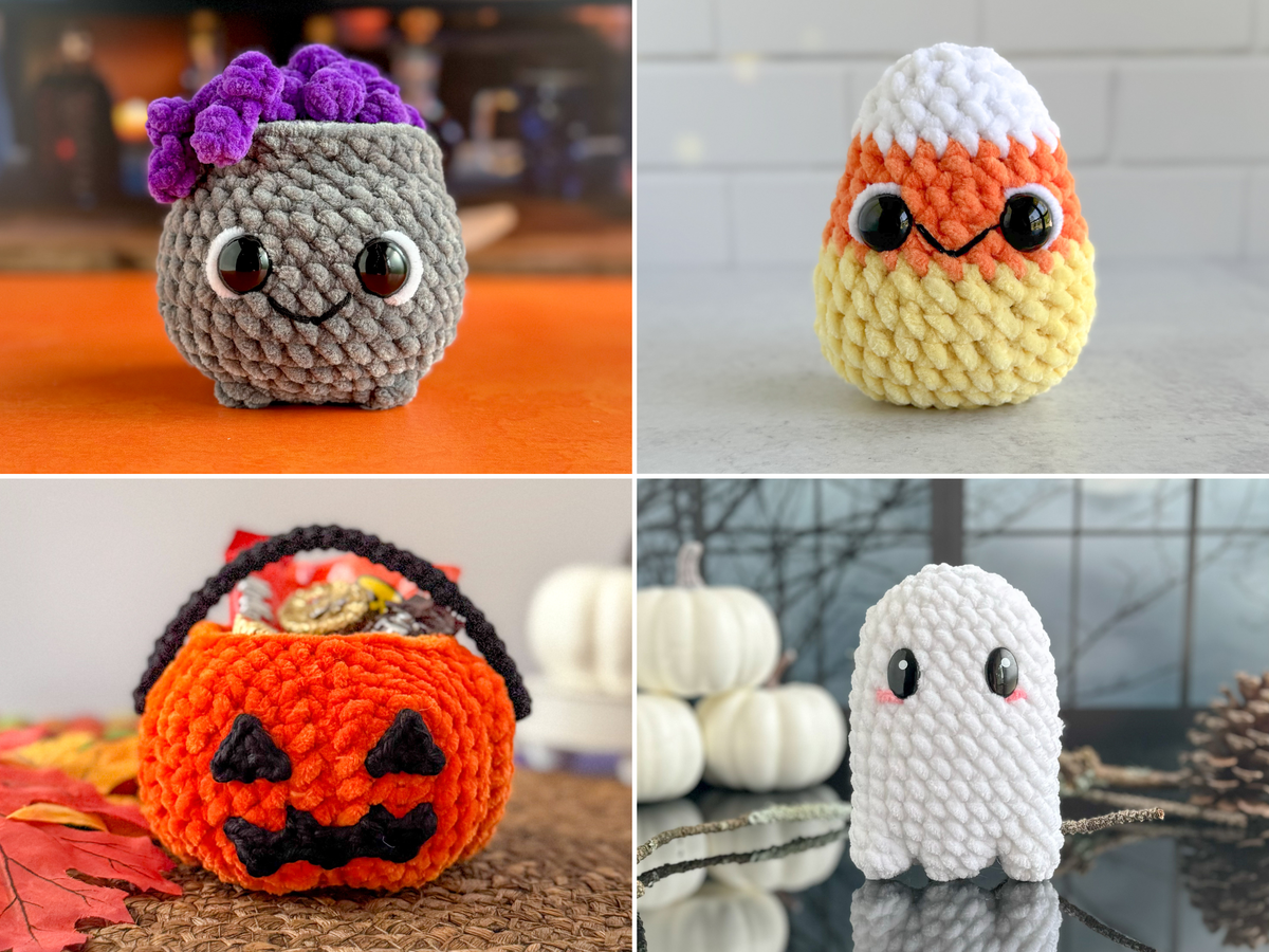 Halloween Mini Crochet Pattern Bundle: Pumpkin Bucket, Ghost, Cauldron, Candy Corn