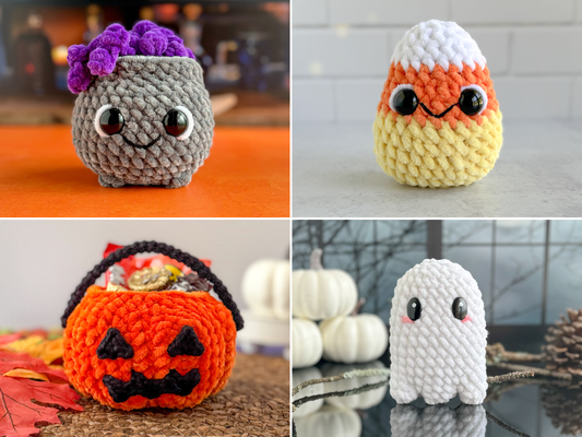 Halloween Mini Crochet Pattern Bundle: Pumpkin Bucket, Ghost, Cauldron, Candy Corn