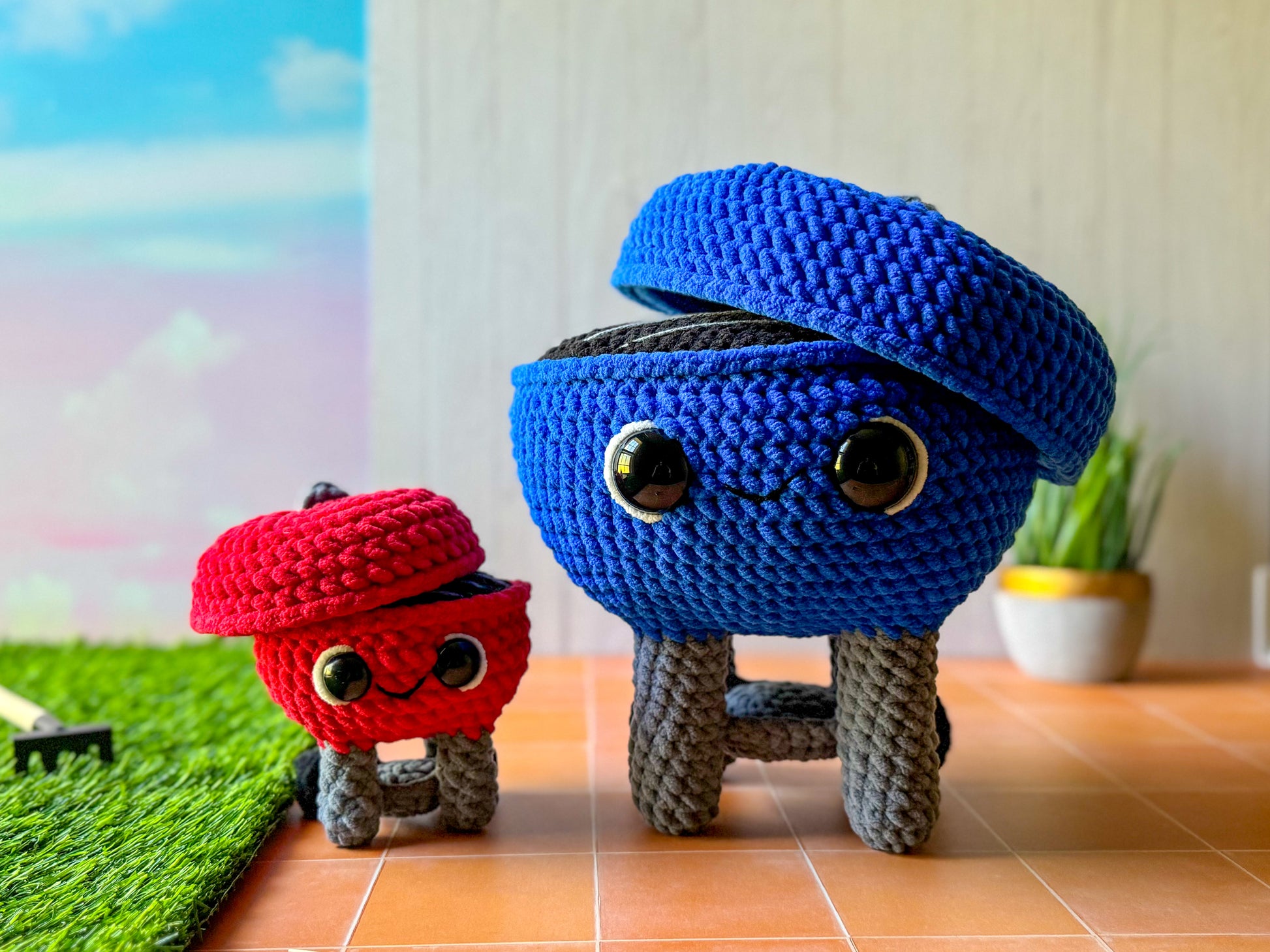 Crochet BBQ Grill duo styled together in a fun, playful scene
