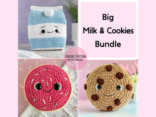 Big Milk and Cookies Crochet Pattern Bundle: Big Milk Carton, Big Frosted Sugar Cookie, Big Chocolate Chip Cookie