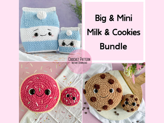 Milk and Cookies Crochet Pattern Bundle: Big and Mini Milk Carton, Frosted Sugar Cookie, Chocolate Chip Cookie