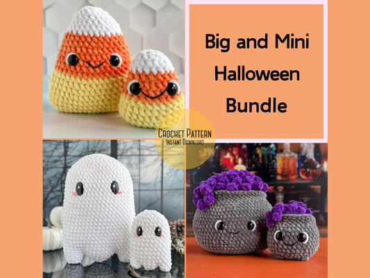 Halloween Crochet Pattern Bundle: Big and Mini Ghost, Cauldron, and Candy Corn